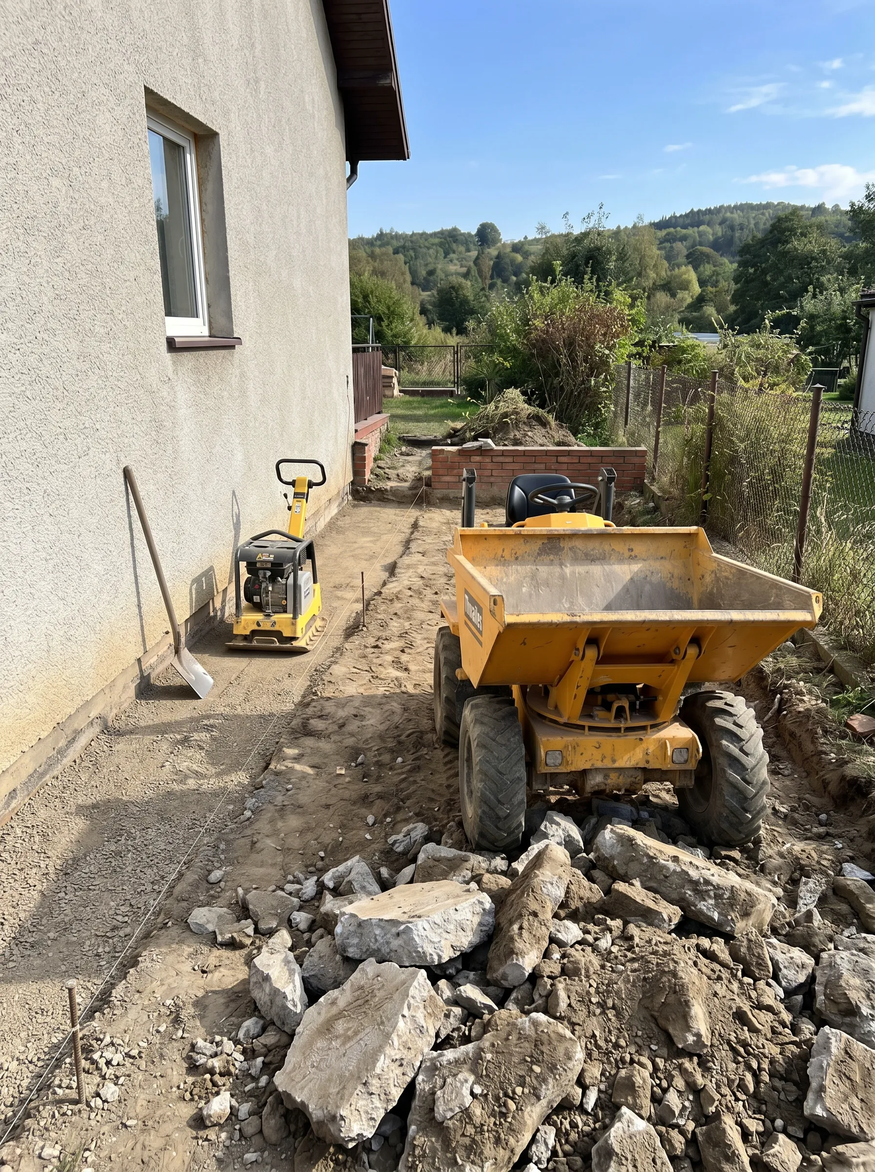 Prace ziemne z użyciem minikoparki i wywrotki w przygotowaniu terenu pod inwestycję